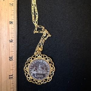 Bellezza Lira Coin 500 Pendant with 30" Figaro chain necklace gold over bronze